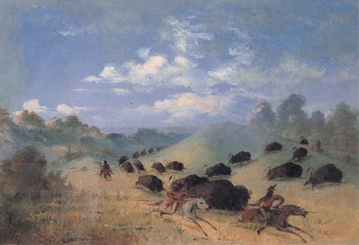 George Catlin Comanche Indians Chasing Buffalo with Lances and Bows China oil painting art